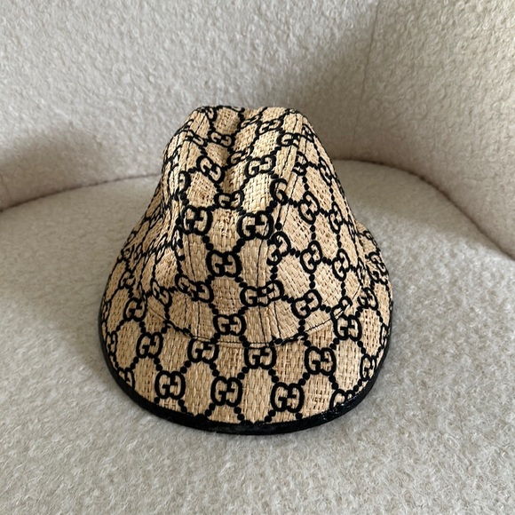 Gucci raffia natural and black GG bucket hat beige tan wicker - Picture 3 of 6